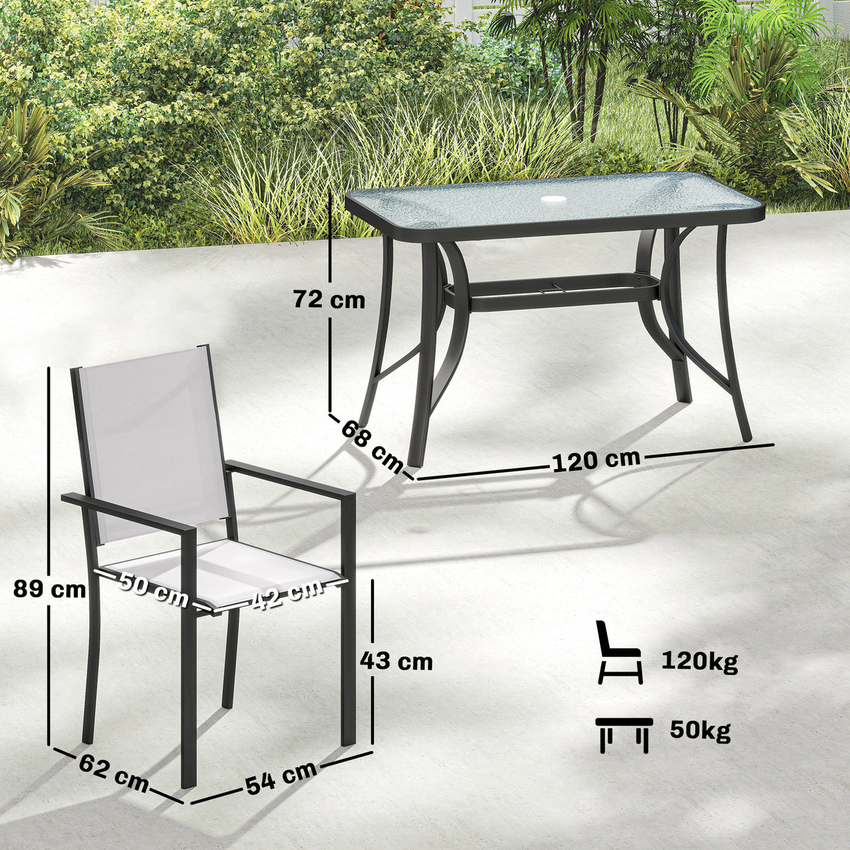 Metal Garden Dining Set With 4 Stackable Chairs and Rectangular Glass Top Table - Velmora