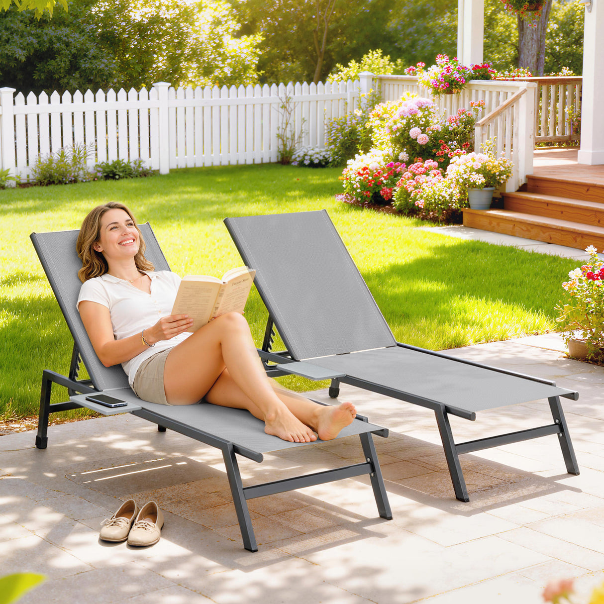 Metal Garden Sun Lounger in Set of 2 With Side Tray Table - Velmora