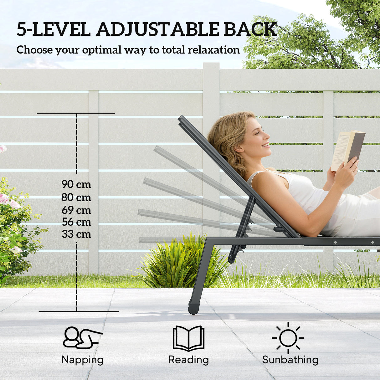 Metal Garden Sun Lounger in Set of 2 With Side Tray Table - Velmora