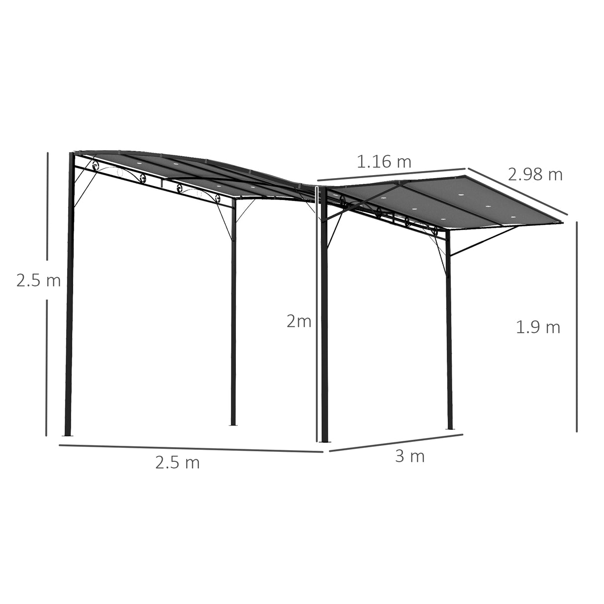 Metal Gazebo Canopy Sunshade With Extended Shelter 298cm Width x 250cm Depth - Velmora