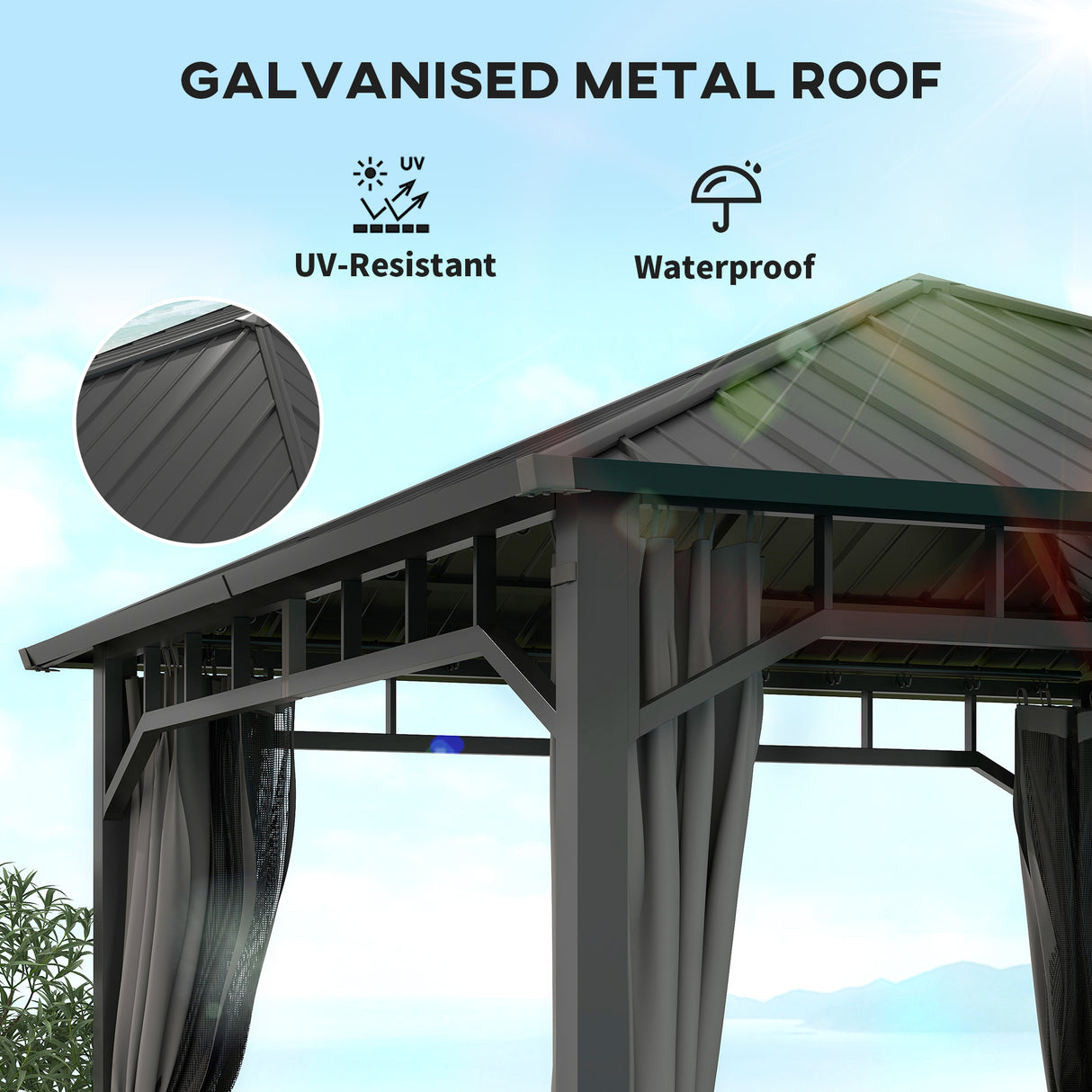 Metal Hardtop Gazebo 300cm Width x 300cm Depth With Curtains - Velmora