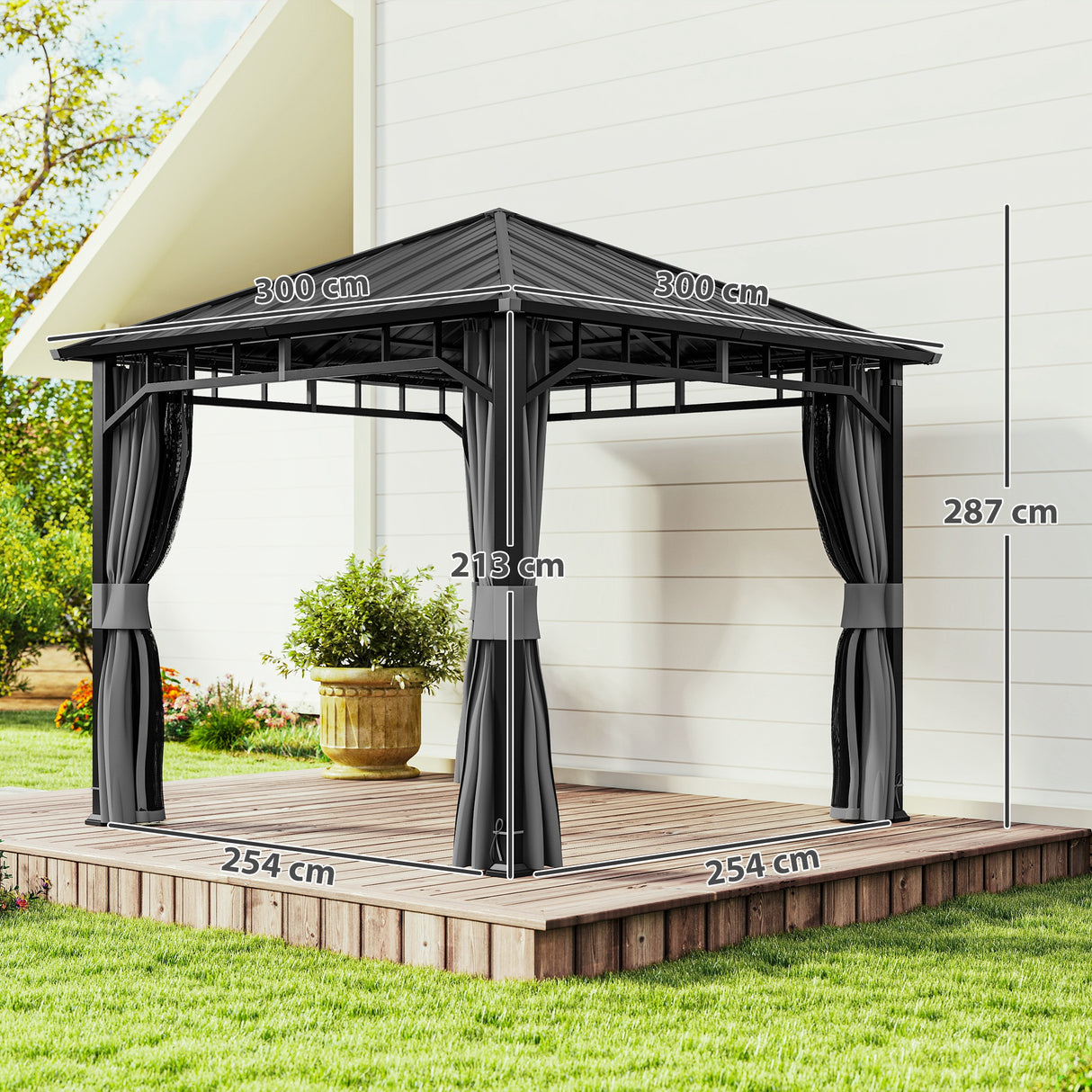 Metal Hardtop Gazebo 300cm Width x 300cm Depth With Curtains - Velmora