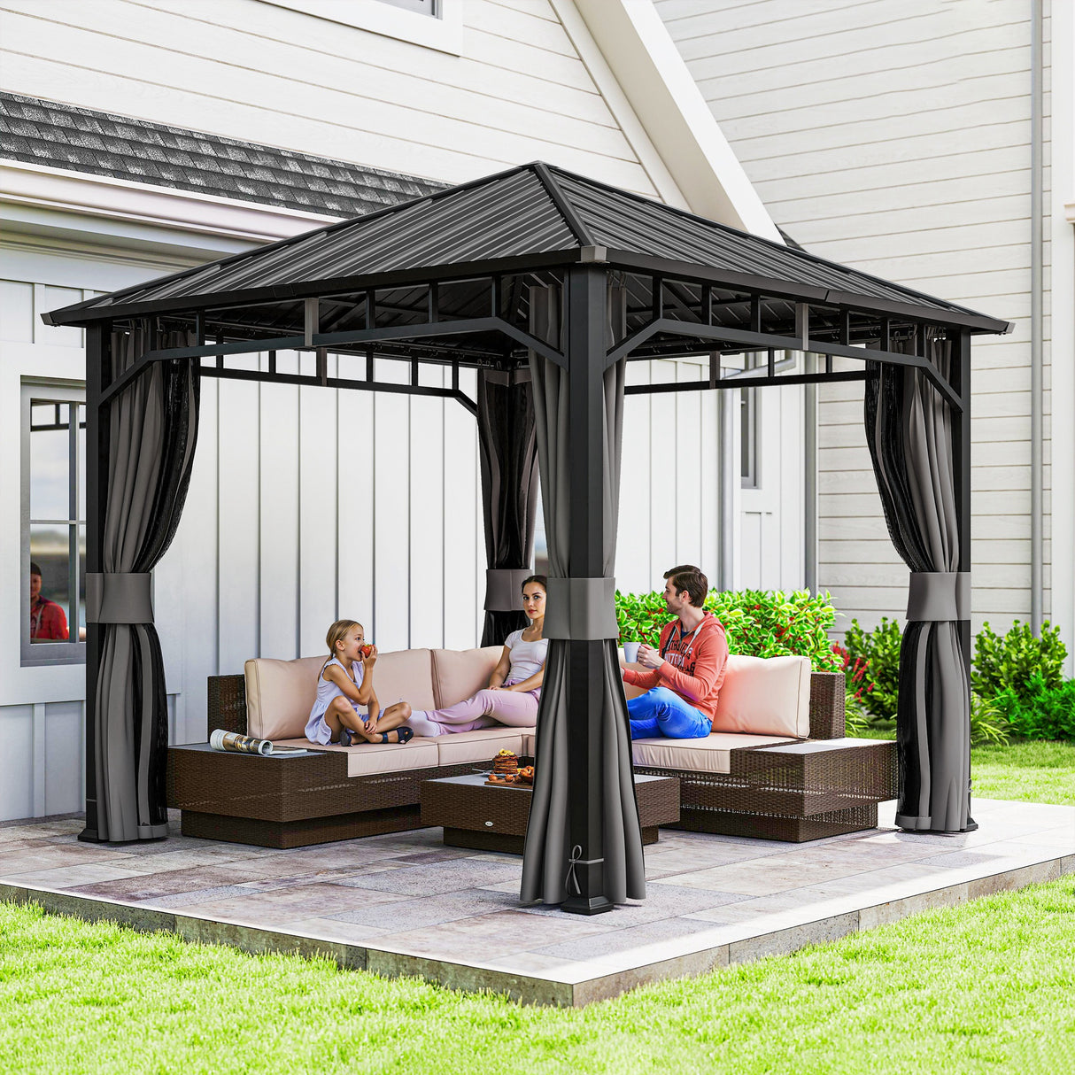 Metal Hardtop Gazebo 300cm Width x 300cm Depth With Curtains - Velmora