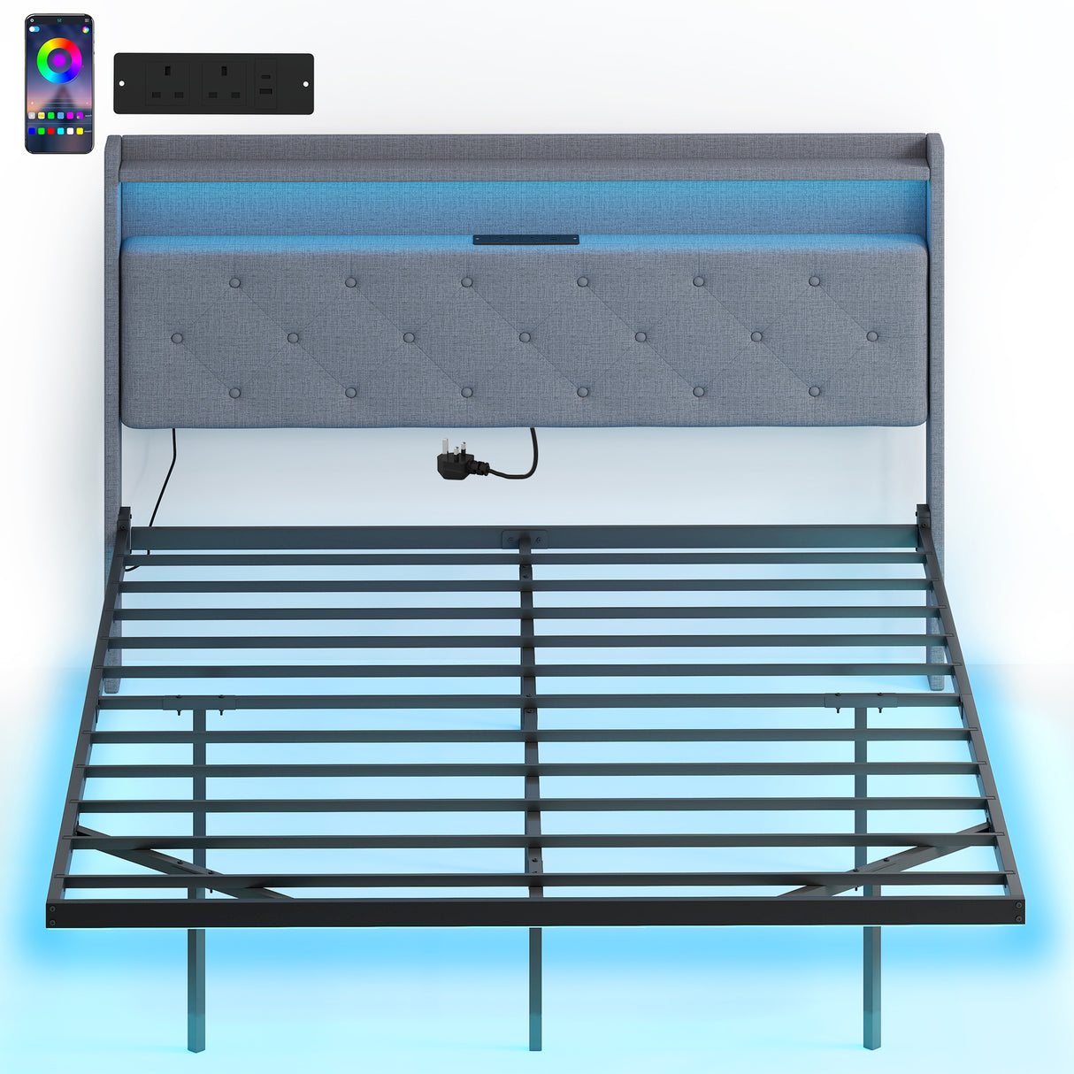 Metal King Size Bed 139cm Wide With Fabic Headboard And LED Lights - Velmora
