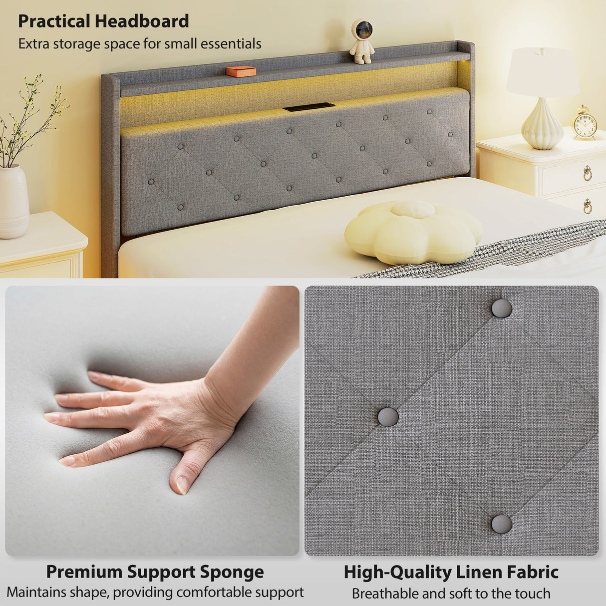 Metal King Size Bed 139cm Wide With Fabic Headboard And LED Lights - Velmora
