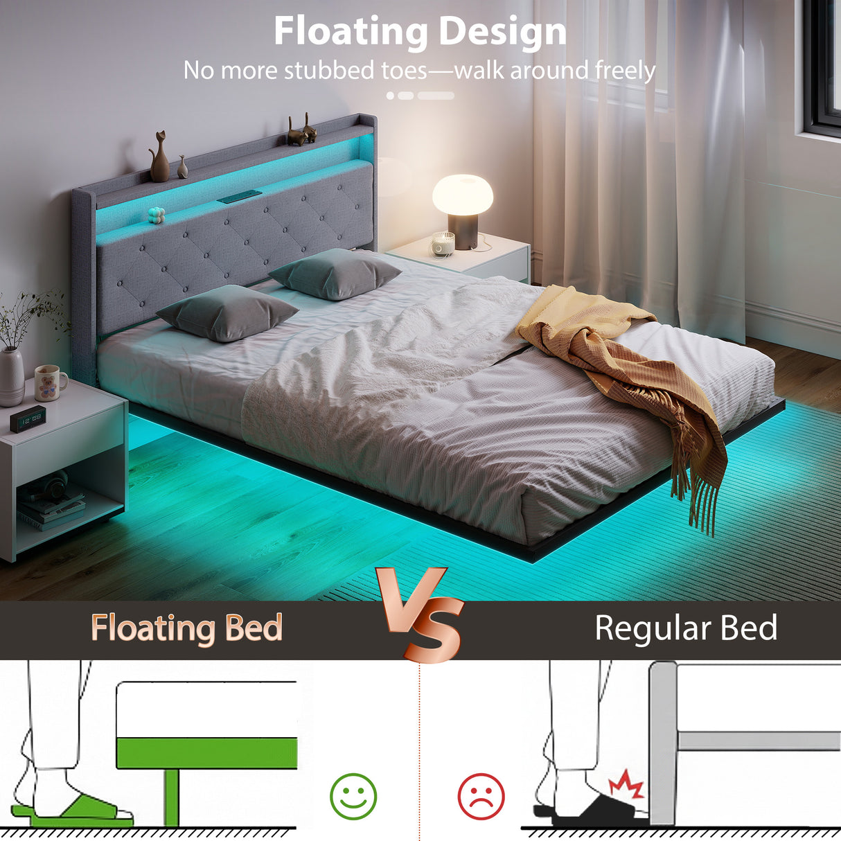 Metal King Size Bed 139cm Wide With Fabic Headboard And LED Lights - Velmora