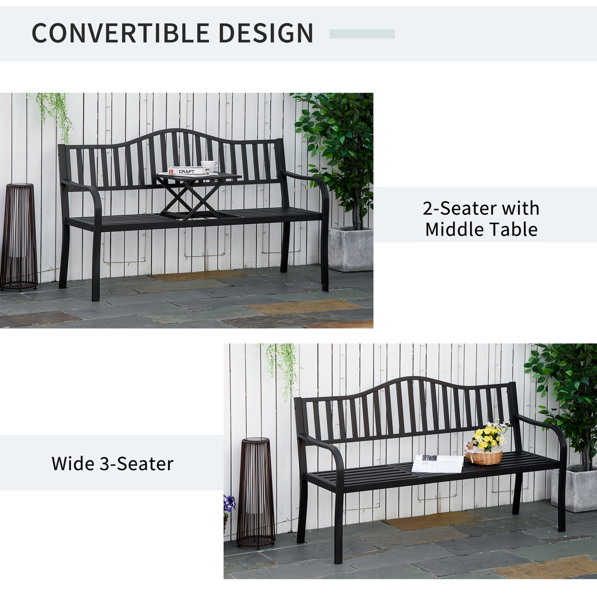 Metal Outdoor 2 Seater Bench With Lifetable Middle Table Patio - Velmora