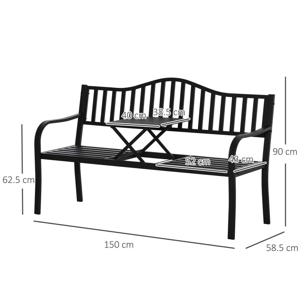 Metal Outdoor 2 Seater Bench With Lifetable Middle Table Patio - Velmora