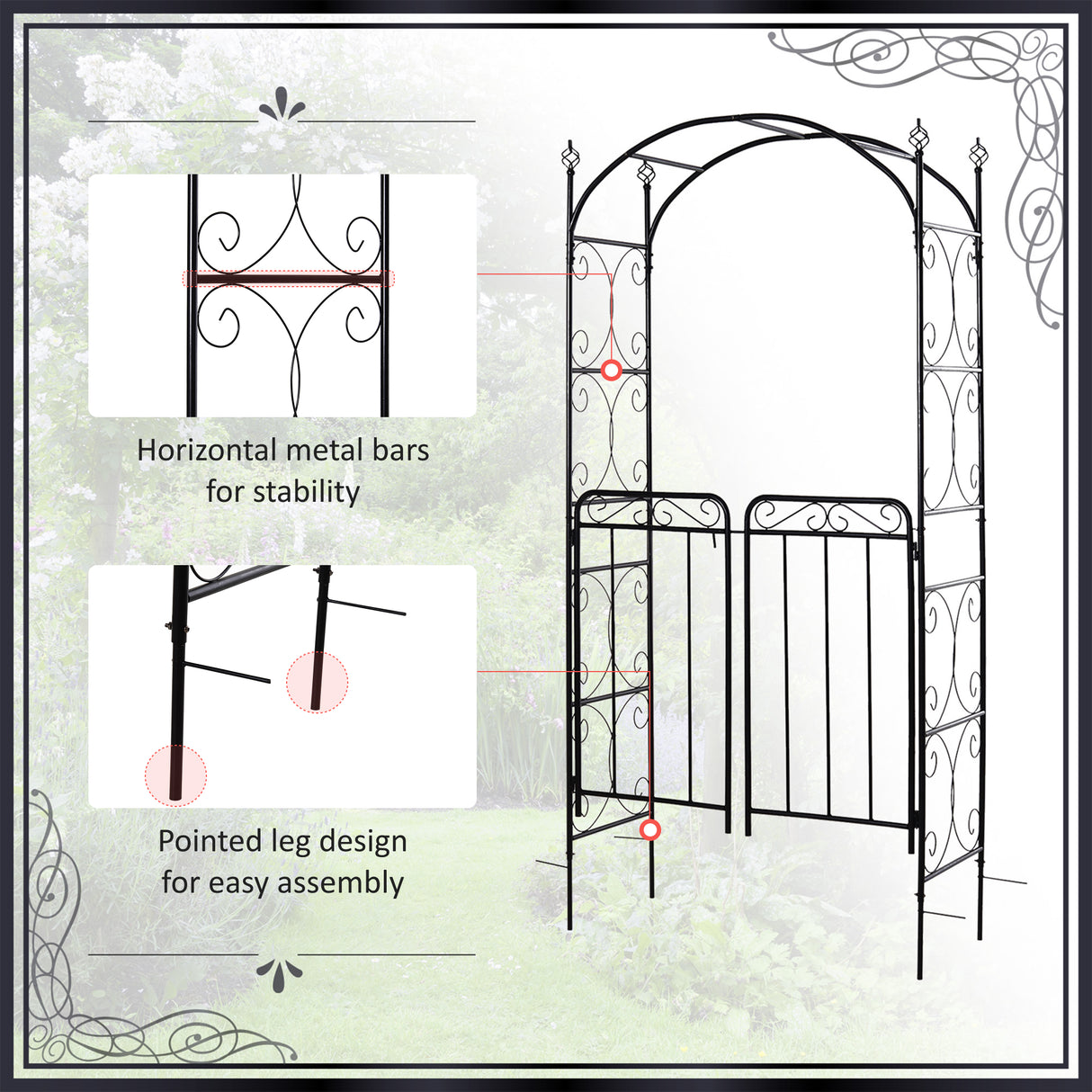 Metal Outdoor Garden Arch Trellis With Gate 215cm High - Velmora