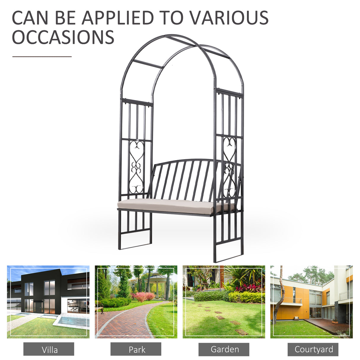 Metal Outdoor Garden Bench 114cm Wide With Arch And Cushion - Velmora