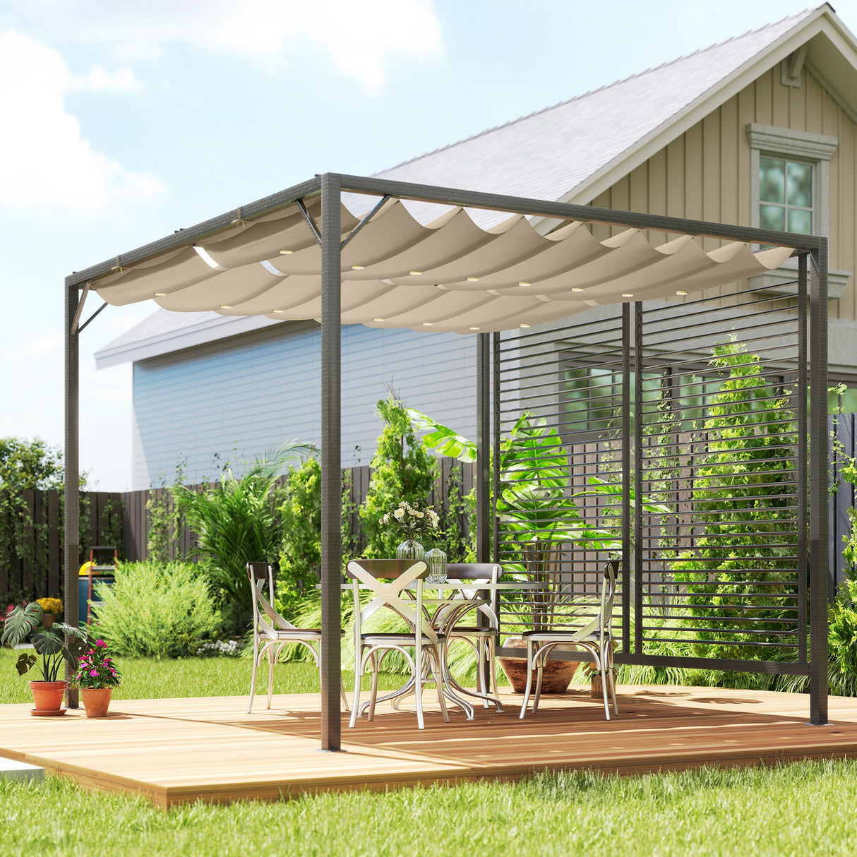 Metal Pergola With Retractable Fabric Roof 280cm Width x 300cm Depth - Velmora