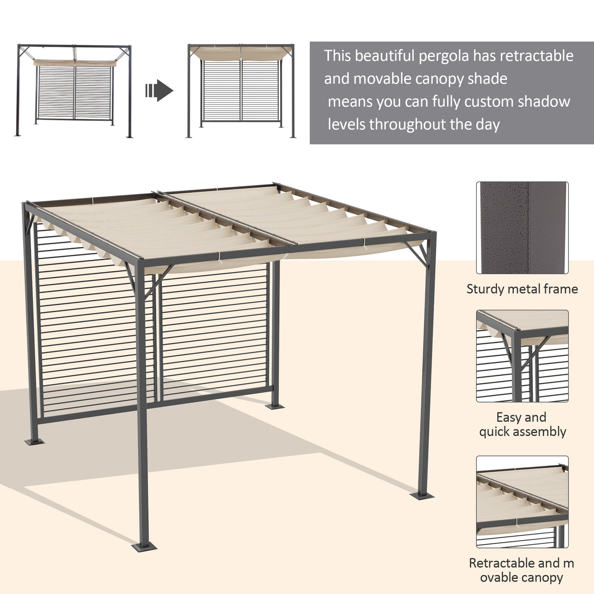 Metal Pergola With Retractable Fabric Roof 280cm Width x 300cm Depth - Velmora