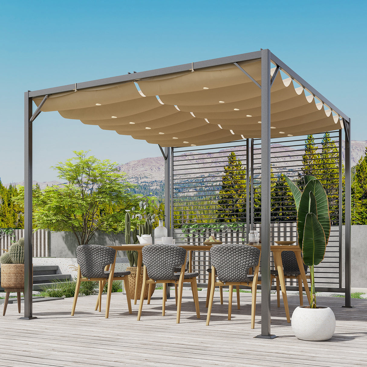 Metal Pergola With Retractable Fabric Roof 280cm Width x 300cm Depth - Velmora