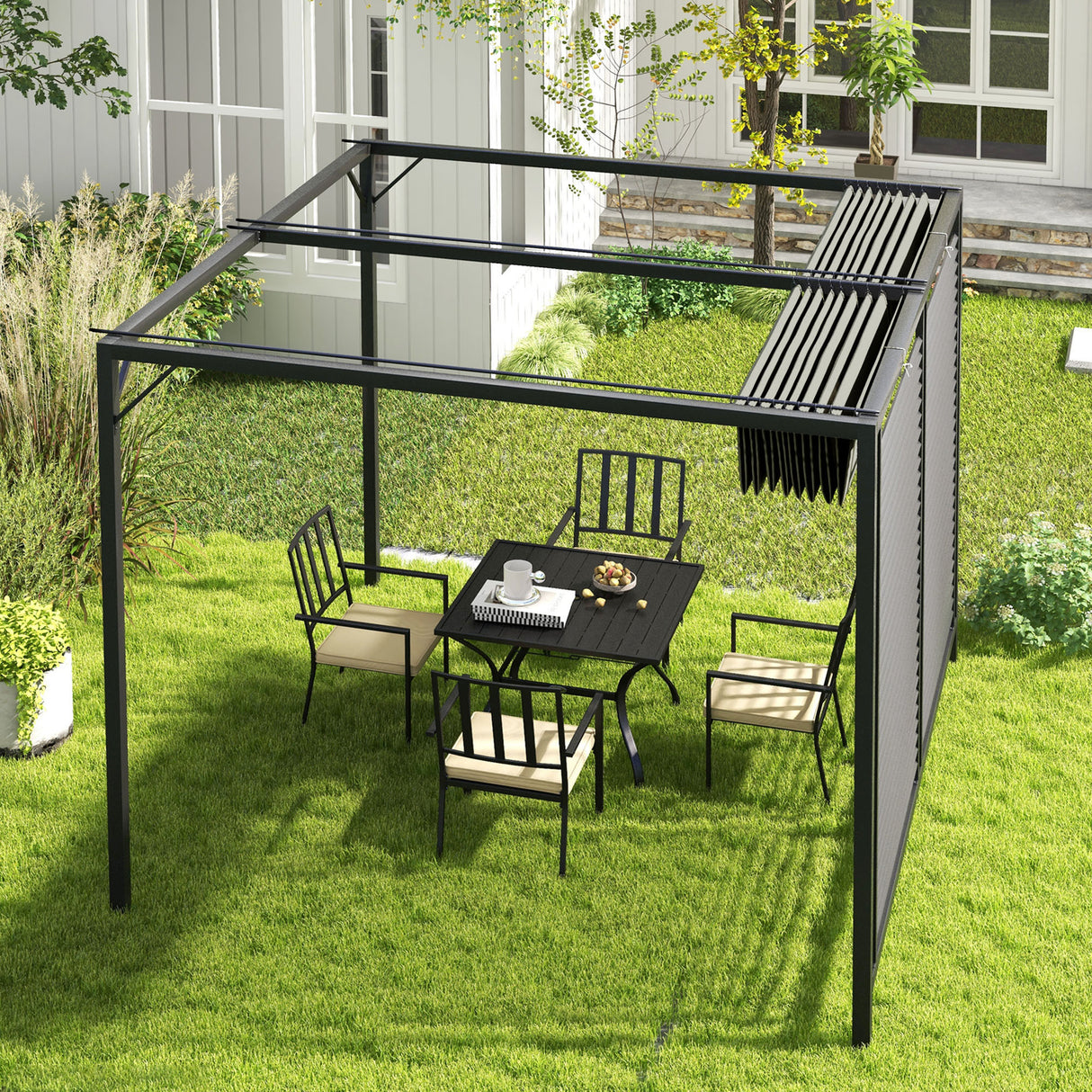 Metal Pergola With Retractable Fabric Roof 280cm Width x 300cm Depth - Velmora