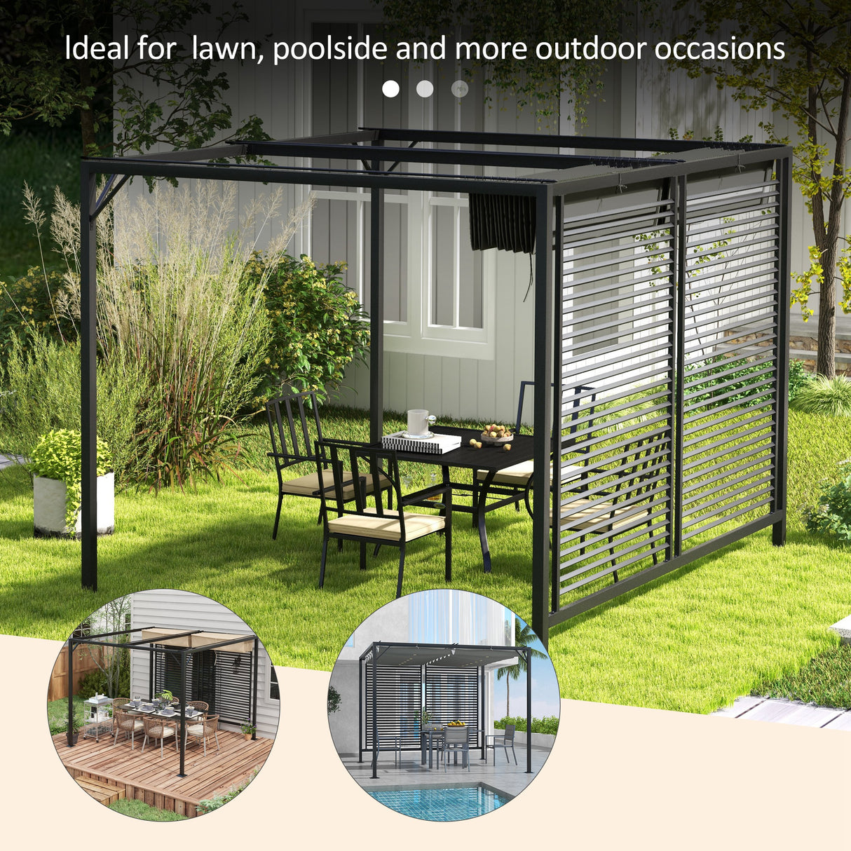 Metal Pergola With Retractable Fabric Roof 280cm Width x 300cm Depth - Velmora
