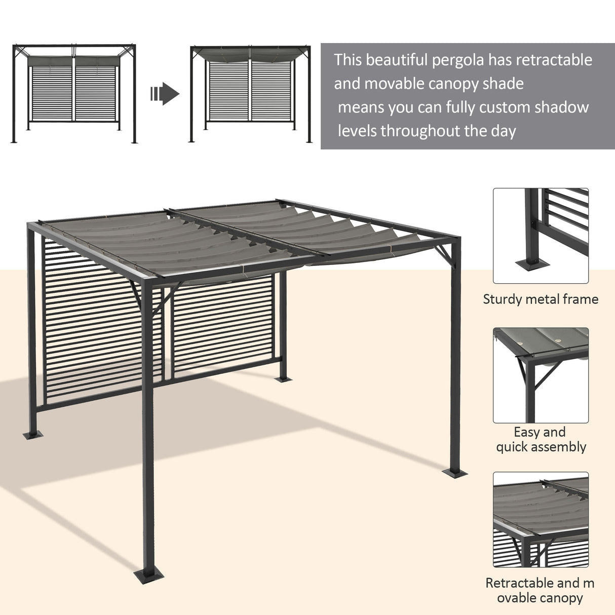 Metal Pergola With Retractable Fabric Roof 280cm Width x 300cm Depth - Velmora