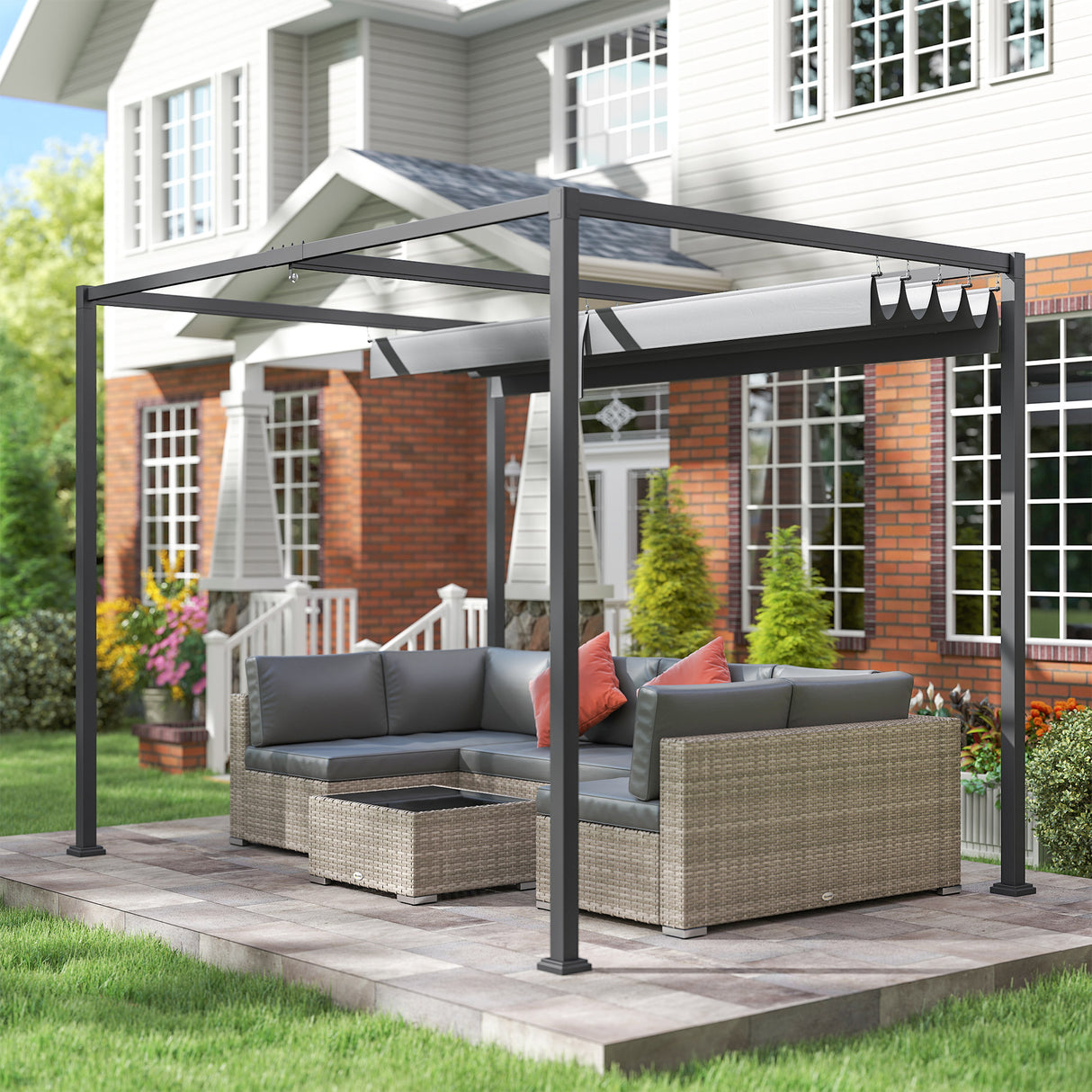 Metal Pergola With Retractable Roof 298cm Width x 213cm Depth - Velmora