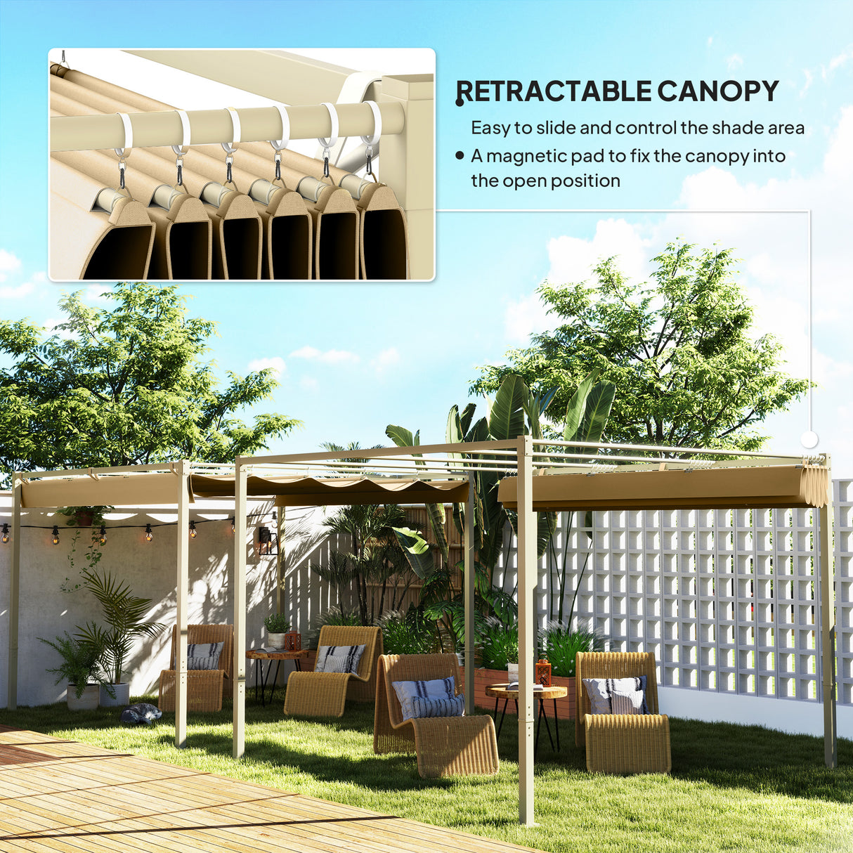 Metal Pergola With Retractable Roof 298cm Width x 297cm Depth - Velmora