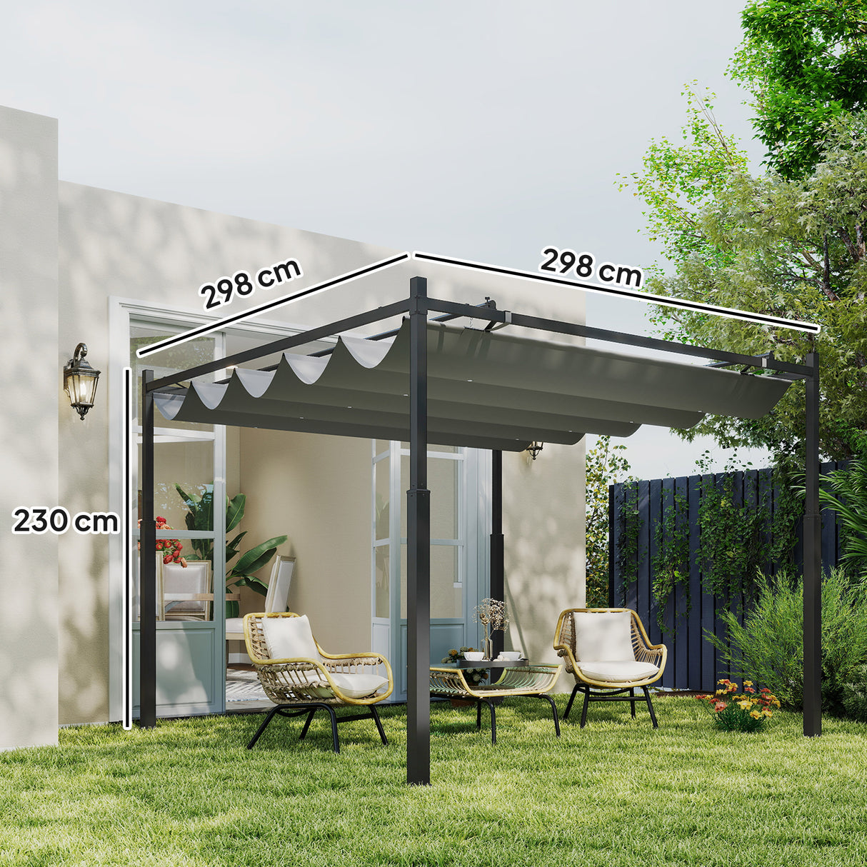 Metal Pergola With Retractable Roof 298cm Width x 298cm Depth - Velmora