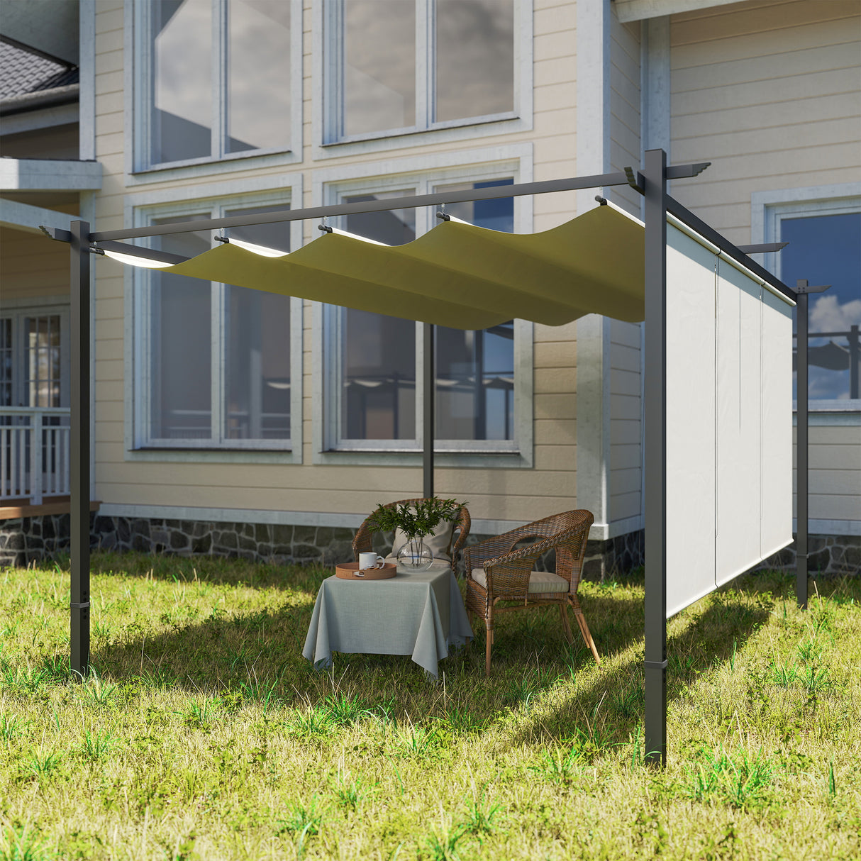 Metal Pergola With Retractable Roof 390cm Width x 293cm Depth - Velmora
