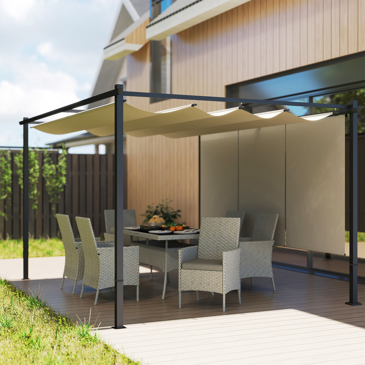 Metal Pergola With Retractable Roof 390cm Width x 293cm Depth - Velmora