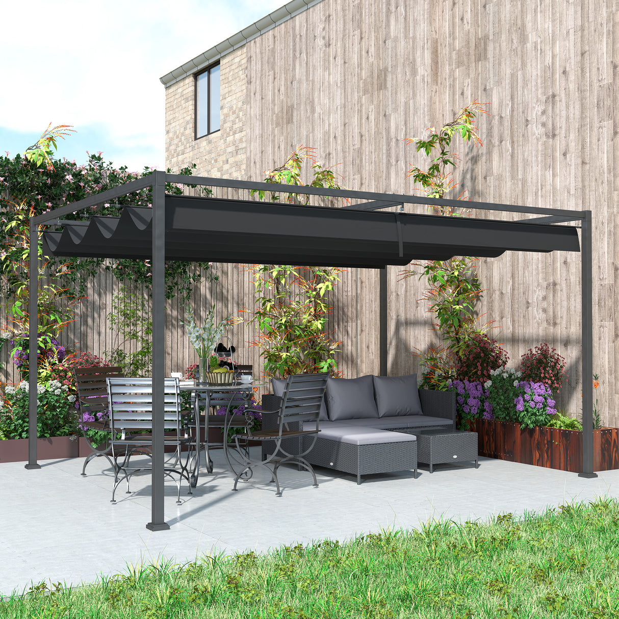 Metal Pergola With Retractable Roof 400cm Width x 300cm Depth - Velmora