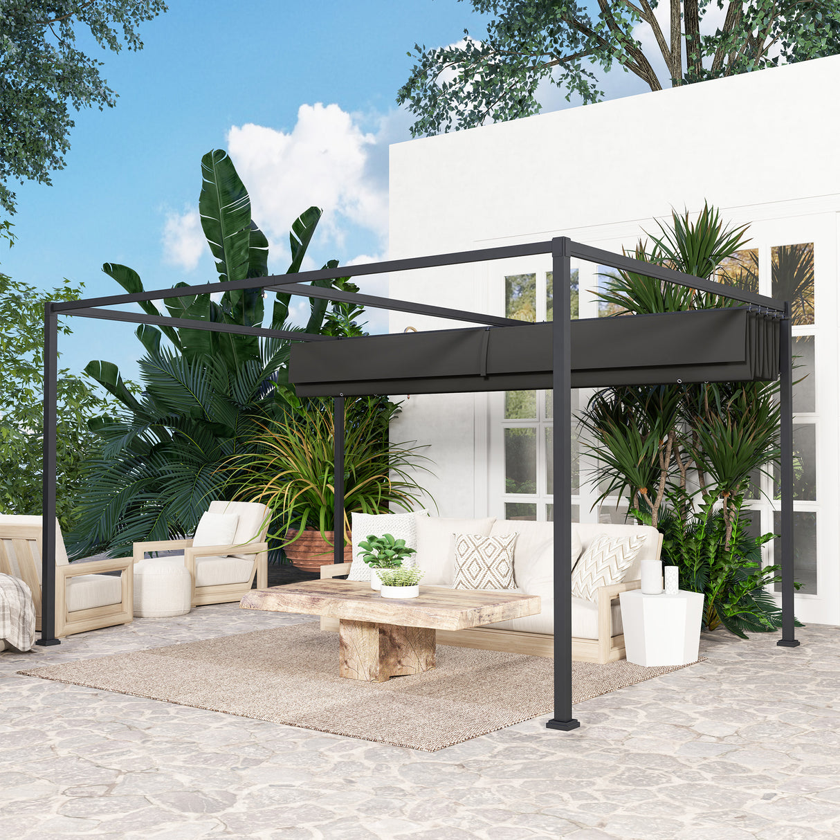 Metal Pergola With Retractable Roof 400cm Width x 300cm Depth - Velmora