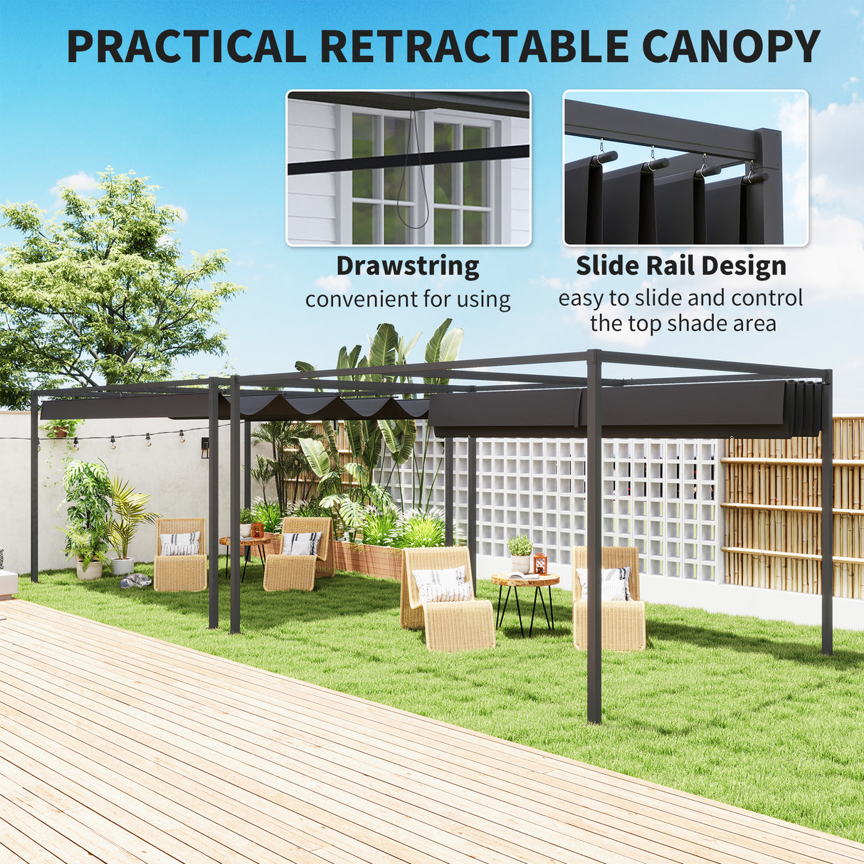 Metal Pergola With Retractable Roof 400cm Width x 300cm Depth - Velmora