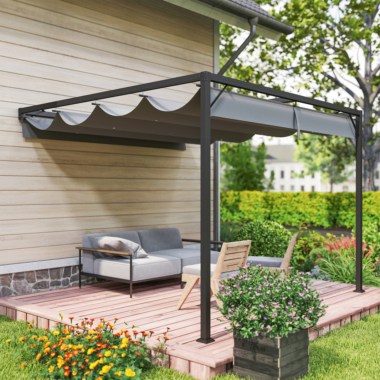 Metal Pergola With Sliding Canopy 297cm Width x 297cm Depth - Velmora