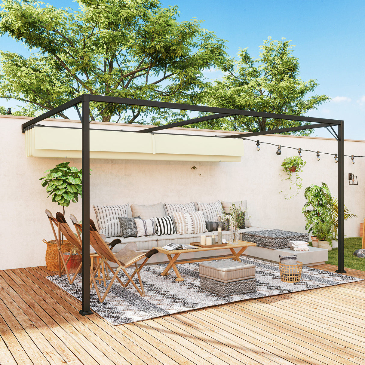Metal Pergola With Sliding Canopy 397cm Width x 297cm Depth - Velmora