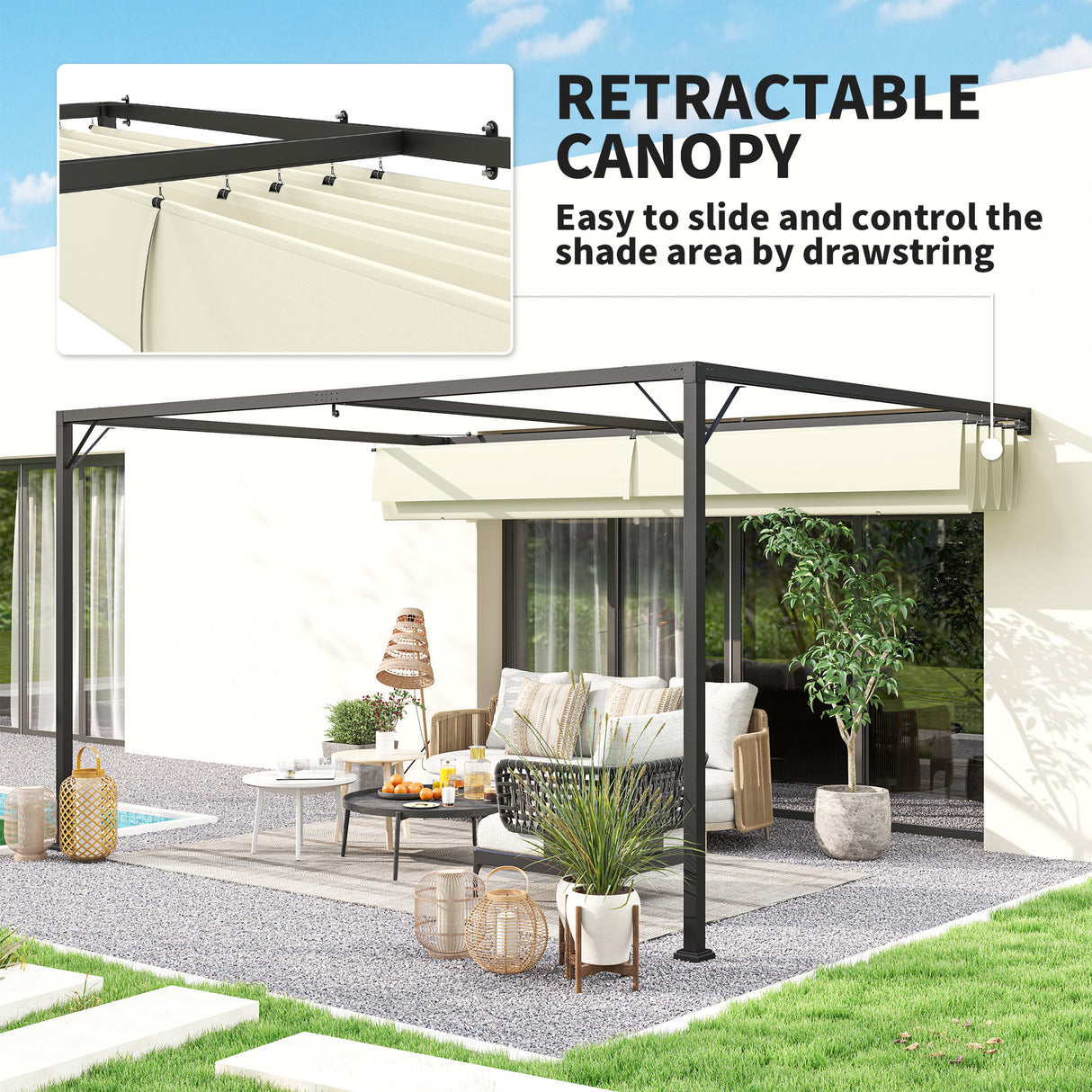 Metal Pergola With Sliding Canopy 397cm Width x 297cm Depth - Velmora