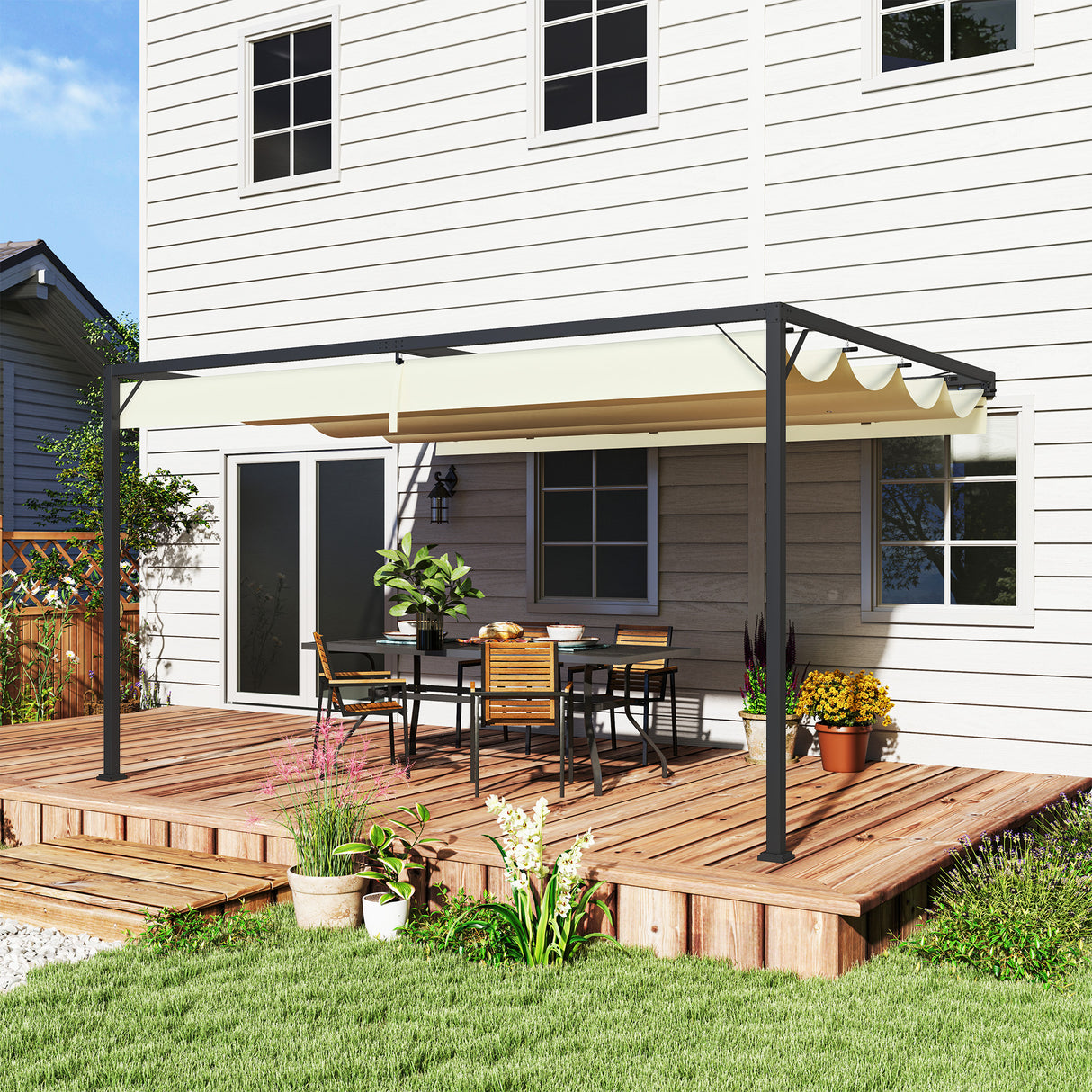 Metal Pergola With Sliding Canopy 397cm Width x 297cm Depth - Velmora