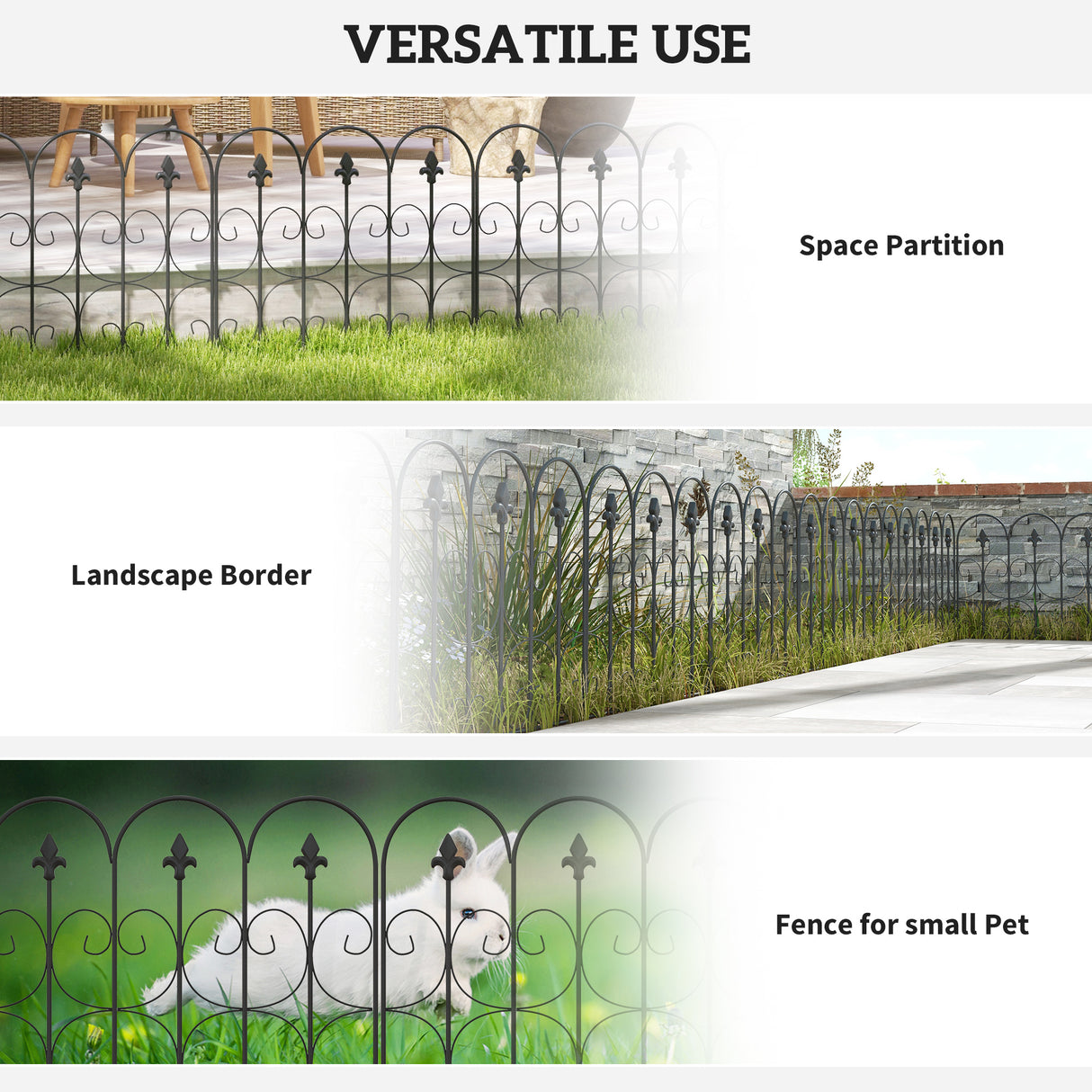 Metal Picket Garden Fence Panels 307cm Wide in Set Of 5 - Velmora