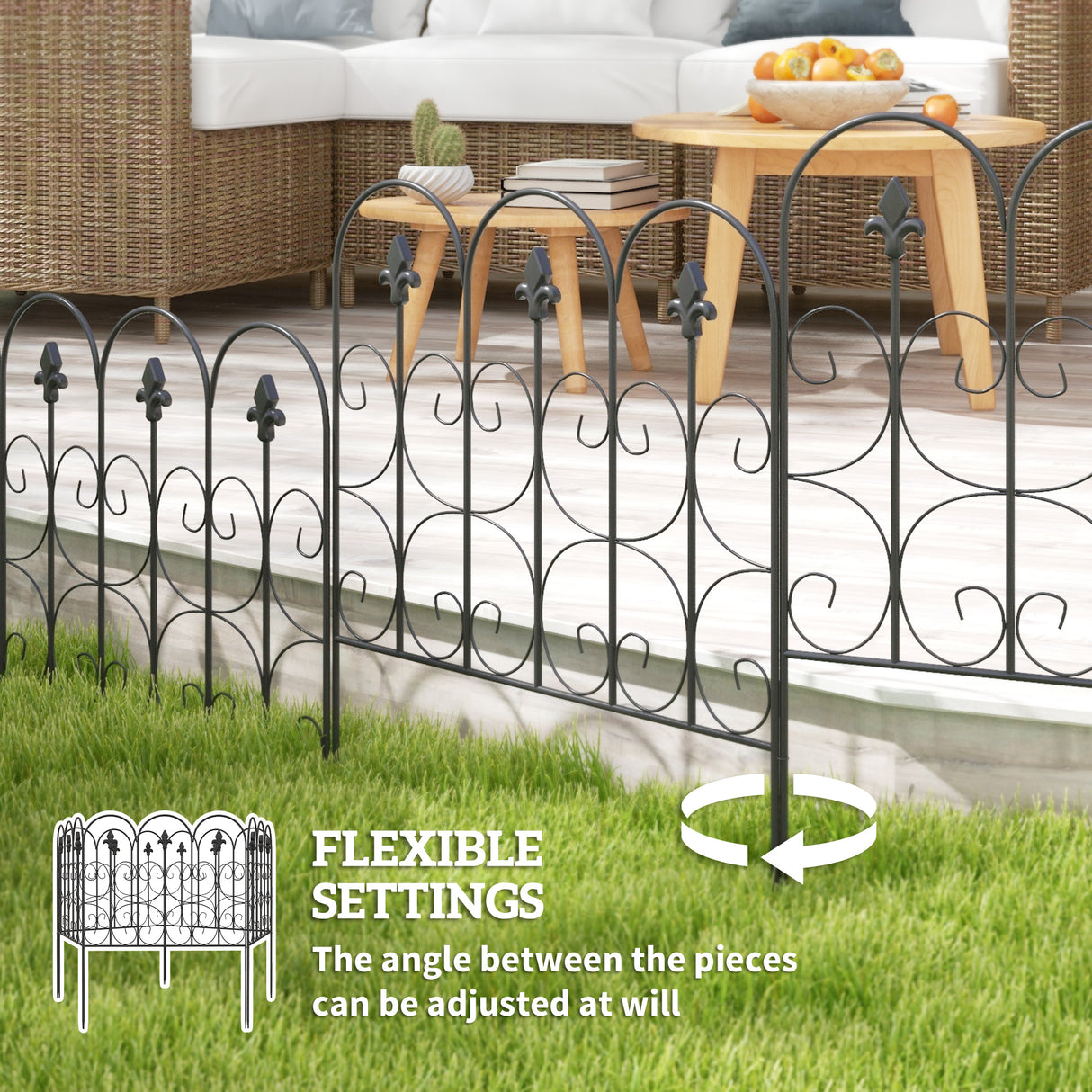 Metal Picket Garden Fence Panels 307cm Wide in Set Of 5 - Velmora