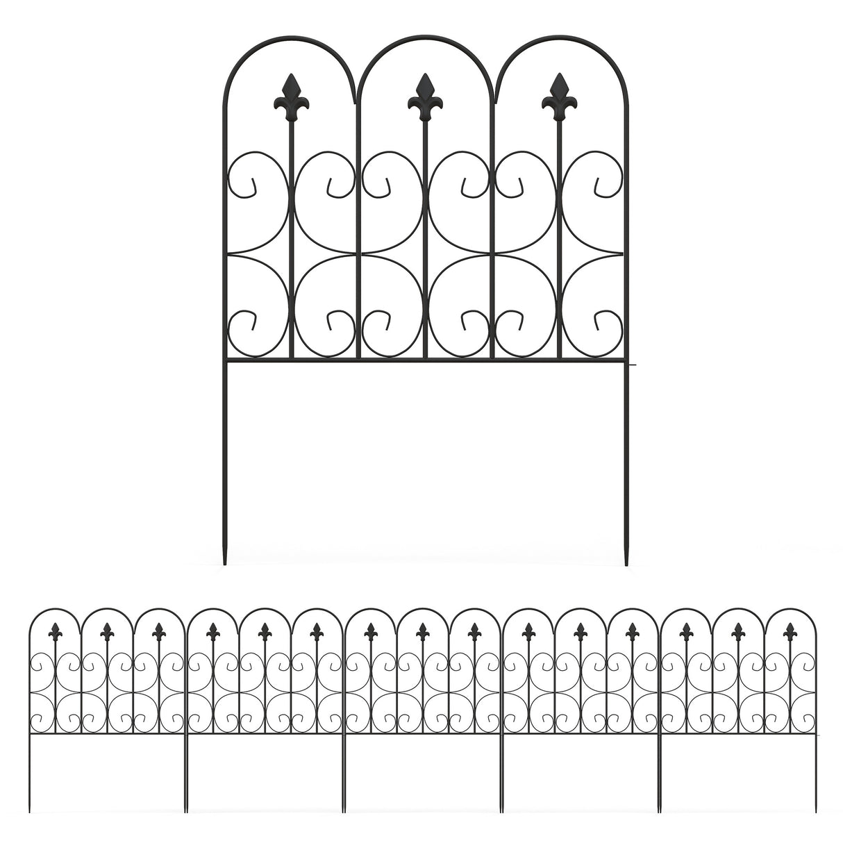 Metal Picket Garden Fence Panels 307cm Wide in Set Of 5 - Velmora