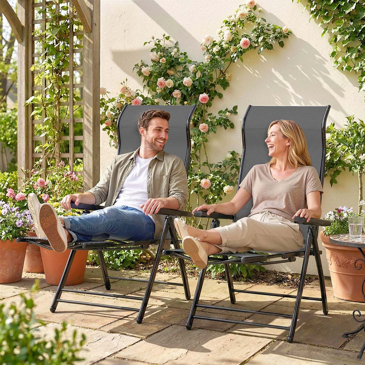 Metal Reclining Garden Sun Lounger Chairs in Set of 2 With High Back - Velmora