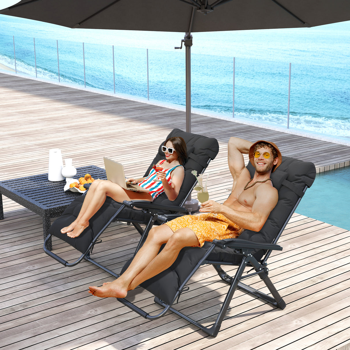 Metal Reclining Zero Gravity Garden Sun Loungers In Set of 2 With Cushions - Velmora