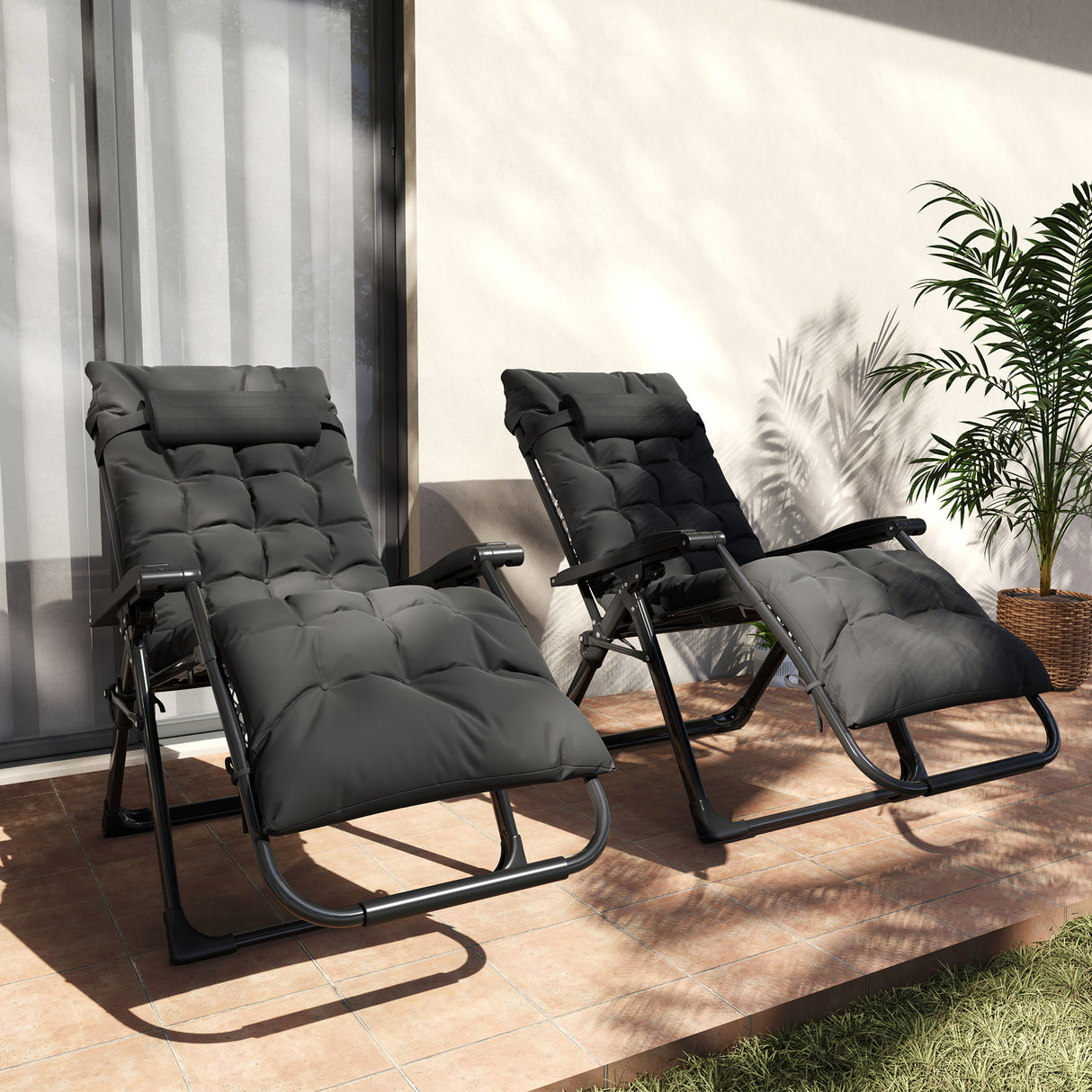 Metal Reclining Zero Gravity Garden Sun Loungers In Set of 2 With Cushions - Velmora