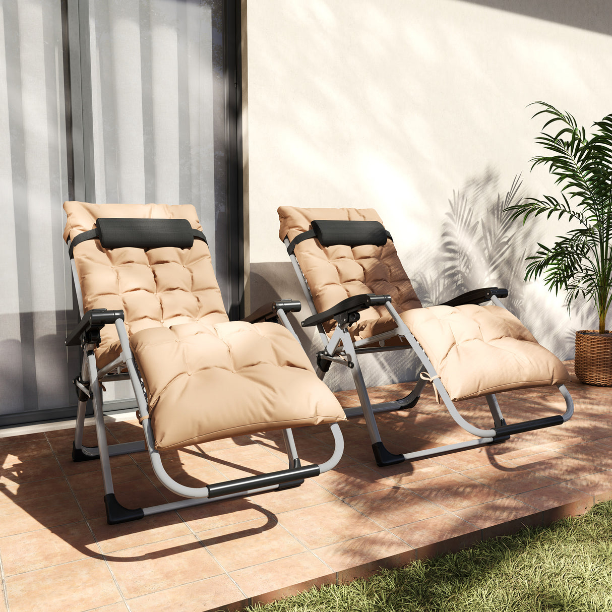 Metal Reclining Zero Gravity Garden Sun Loungers In Set of 2 With Cushions - Velmora