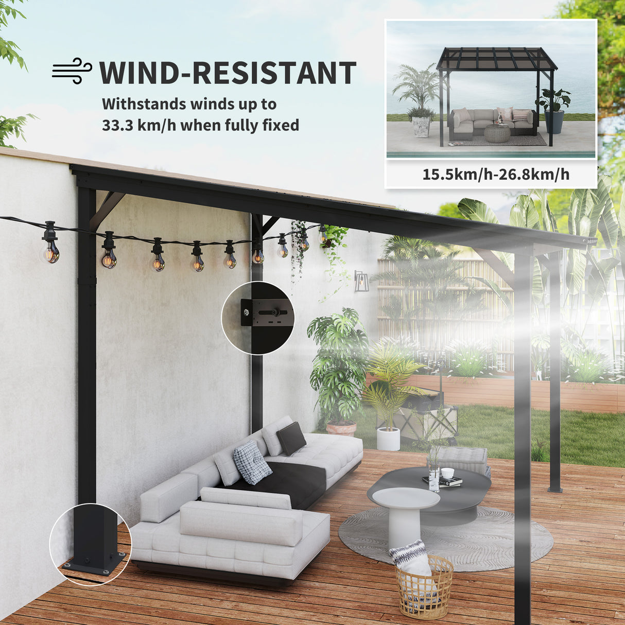 Metal Retractable Pergola Waterproof Polycarbonate Roof 306cm Width x 294cm Depth - Velmora