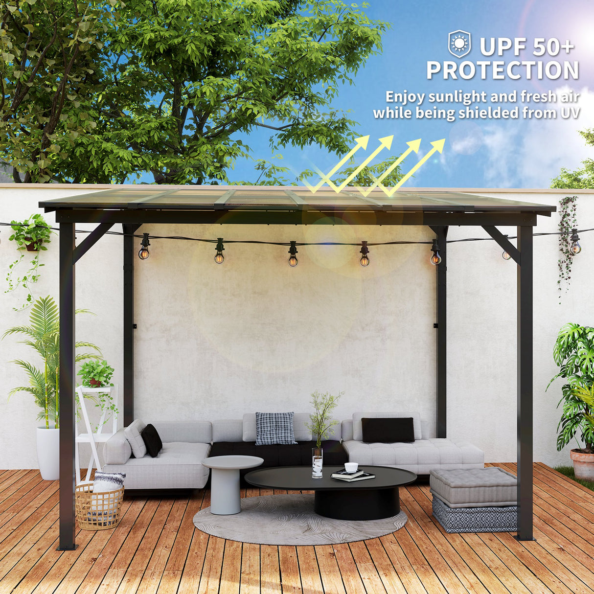 Metal Retractable Pergola Waterproof Polycarbonate Roof 306cm Width x 294cm Depth - Velmora