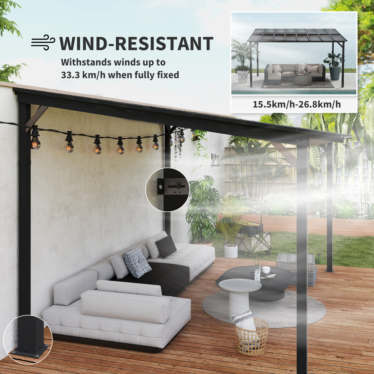 Metal Retractable Pergola Waterproof Polycarbonate Roof 428cm Width x 294cm Depth - Velmora