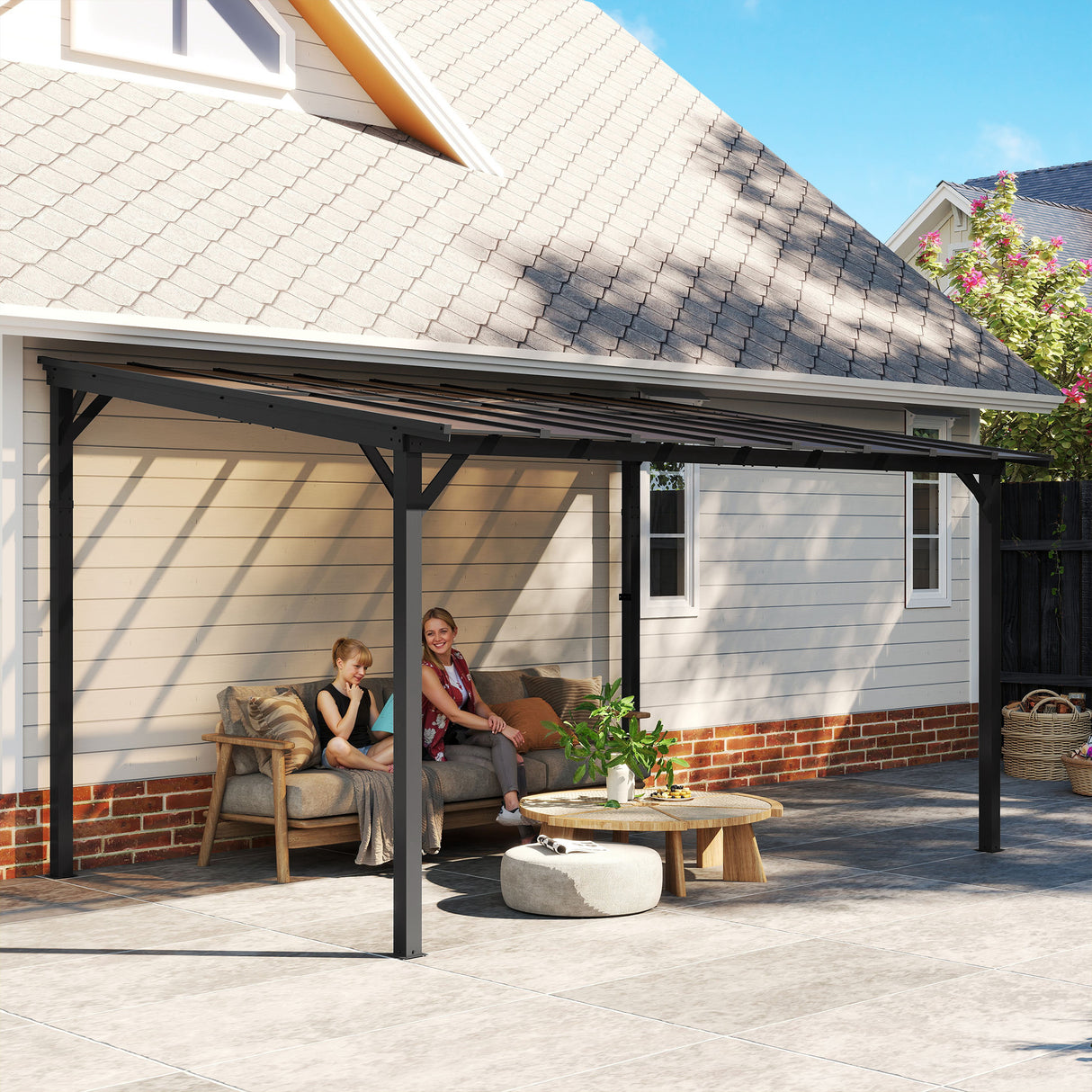 Metal Retractable Pergola Waterproof Polycarbonate Roof 428cm Width x 294cm Depth - Velmora