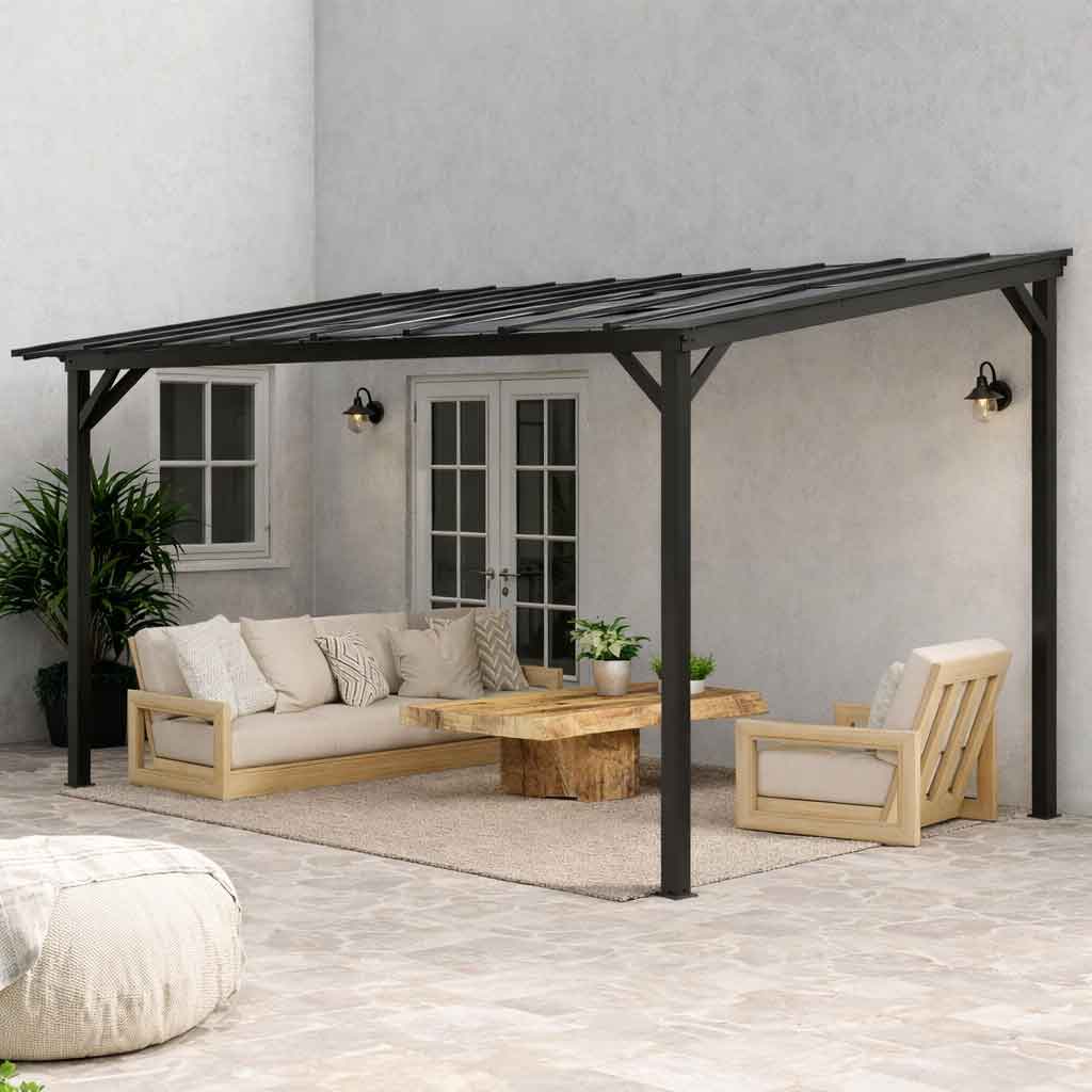 Metal Retractable Pergola Waterproof Polycarbonate Roof 428cm Width x 294cm Depth - Velmora