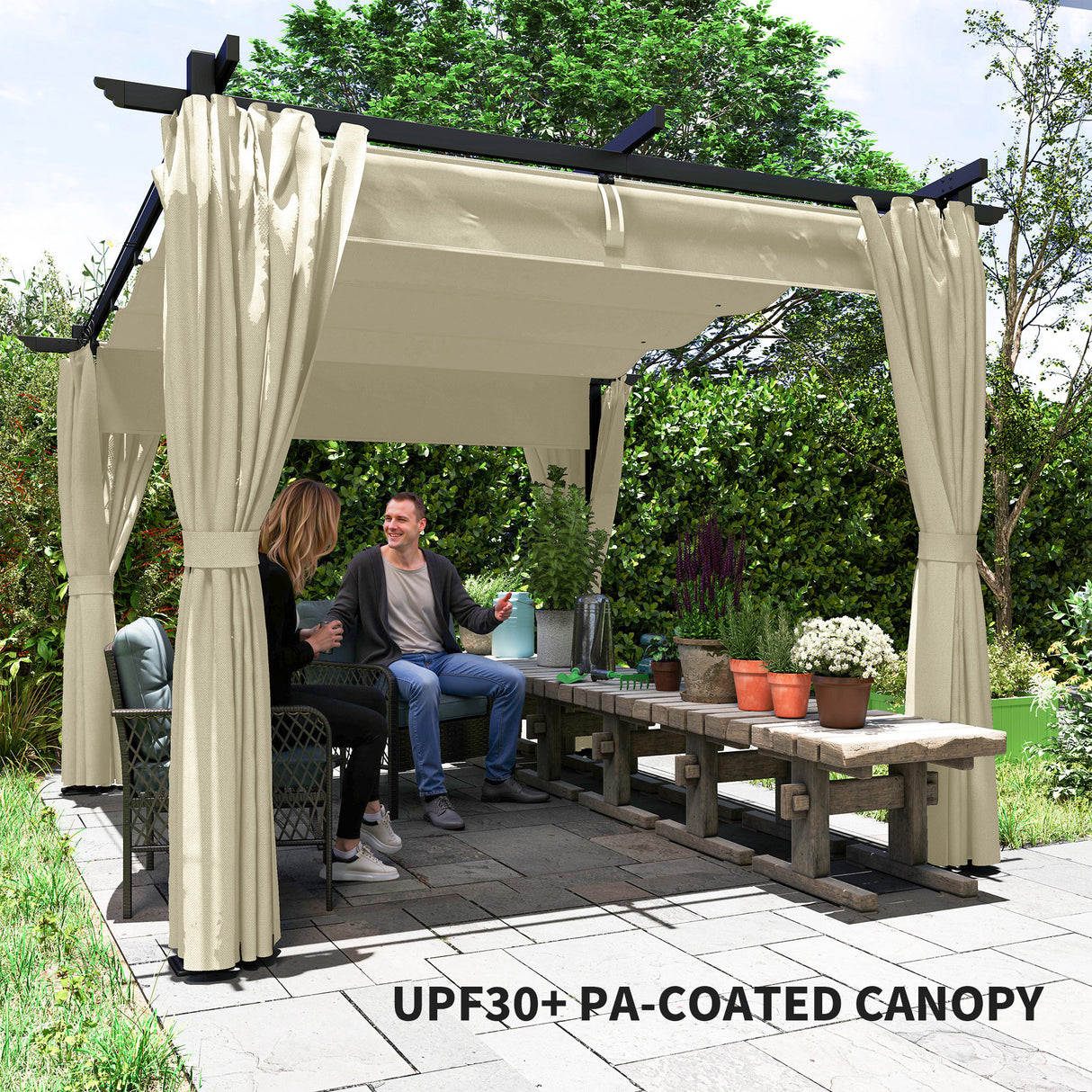 Metal Retractable Roof Pergola With Curtains 297cm Width x 295cm Depth - Velmora