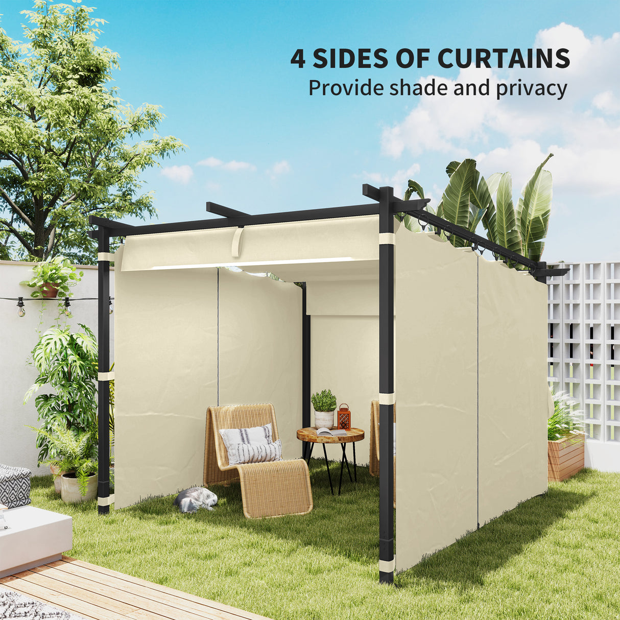 Metal Retractable Roof Pergola With Curtains 297cm Width x 295cm Depth - Velmora