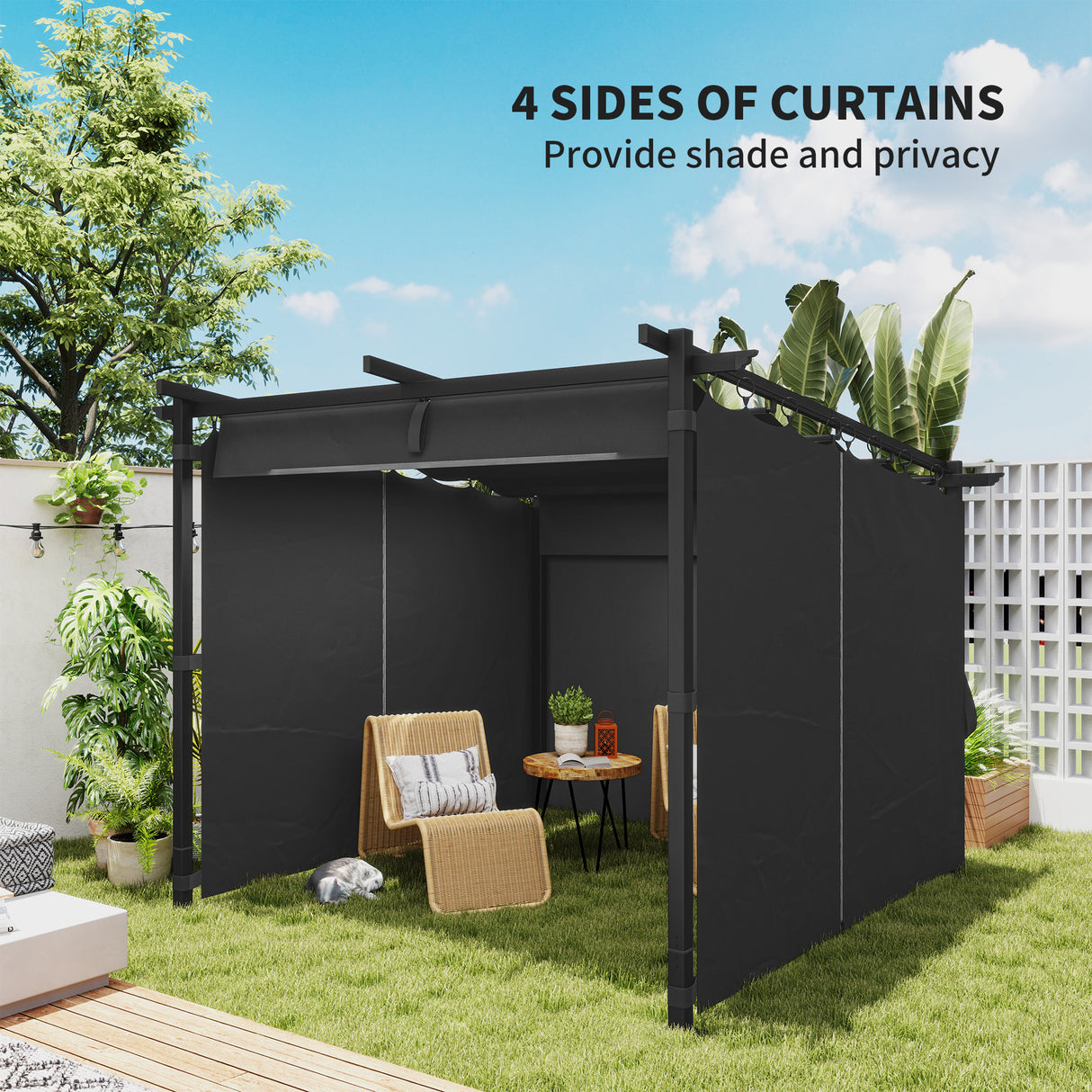 Metal Retractable Roof Pergola With Curtains 297cm Width x 295cm Depth - Velmora
