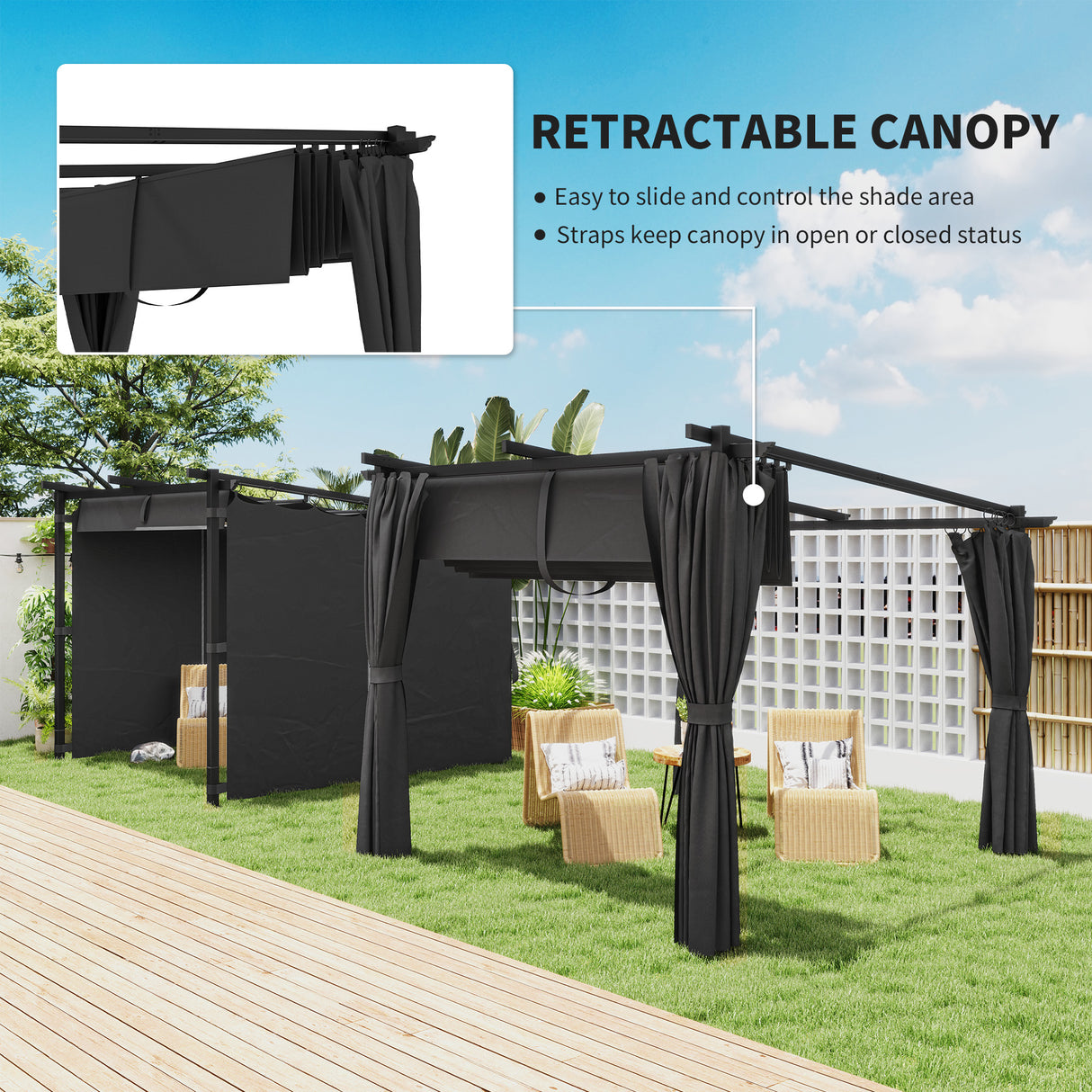 Metal Retractable Roof Pergola With Curtains 297cm Width x 295cm Depth - Velmora