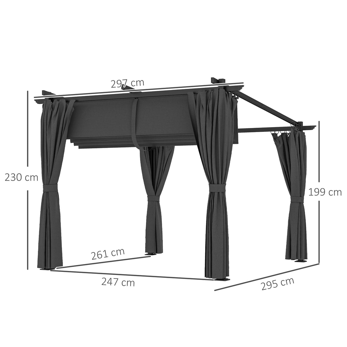 Metal Retractable Roof Pergola With Curtains 297cm Width x 295cm Depth - Velmora