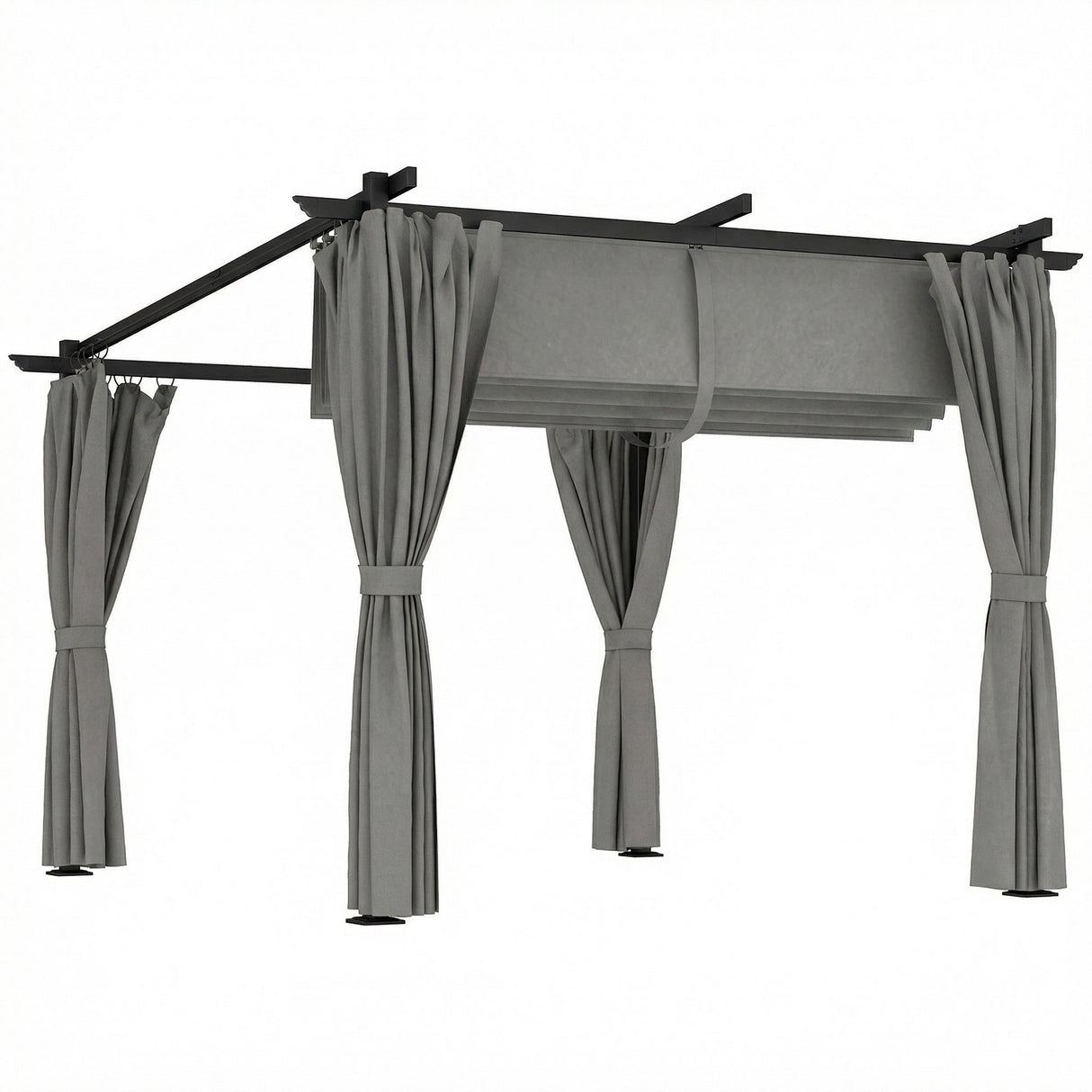 Metal Retractable Roof Pergola With Curtains 297cm Width x 295cm Depth - Velmora